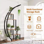 Acekool Grand support à plantes à 5 niveaux, étagère de présentation semi-circulaire en métal et bois avec crochets, organiseur d'angle intérieur et extérieur, 142 cm