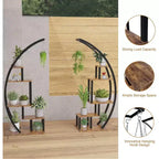 Acekool Grand support à plantes à 5 niveaux, étagère de présentation semi-circulaire en métal et bois avec crochets, organiseur d'angle intérieur et extérieur, 142 cm