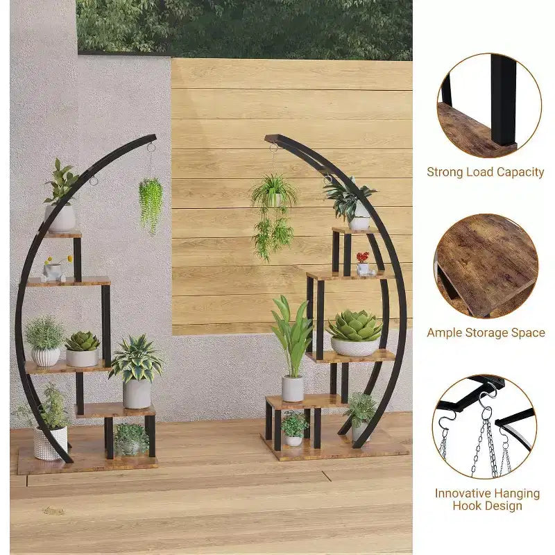 Acekool Grand support à plantes à 5 niveaux, étagère de présentation semi-circulaire en métal et bois avec crochets, organiseur d'angle intérieur et extérieur, 142 cm