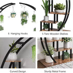 Acekool Grand support à plantes à 5 niveaux, étagère de présentation semi-circulaire en métal et bois avec crochets, organiseur d'angle intérieur et extérieur, 142 cm