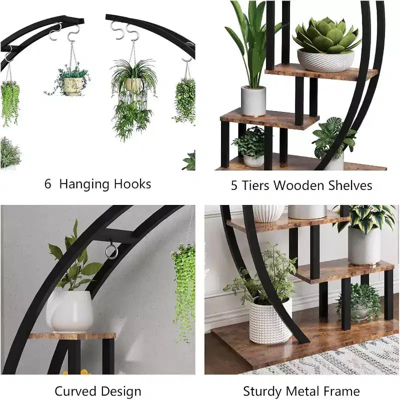 Acekool Grand support à plantes à 5 niveaux, étagère de présentation semi-circulaire en métal et bois avec crochets, organiseur d'angle intérieur et extérieur, 142 cm