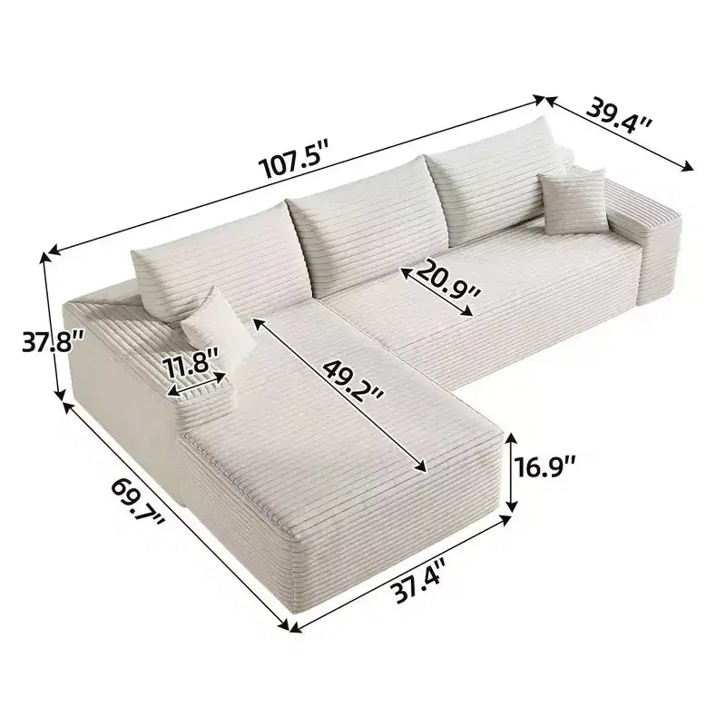 MAYEERTY 107 Canapé d'angle en forme de L blanc, modulaire en velours côtelé moelleux, aucun assemblage requis