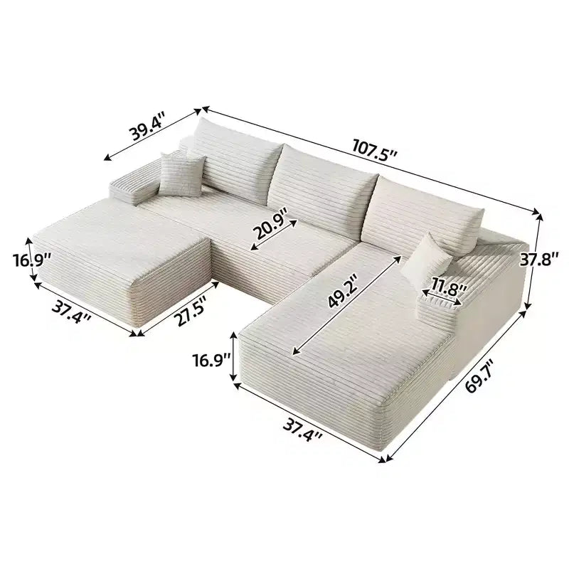 MAYEERTY 107 Canapé d'angle en forme de L blanc, modulaire en velours côtelé moelleux, aucun assemblage requis