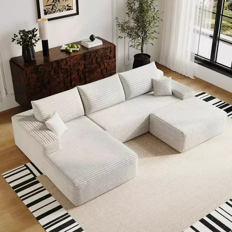 MAYEERTY 107 Canapé d'angle en forme de L blanc, modulaire en velours côtelé moelleux, aucun assemblage requis