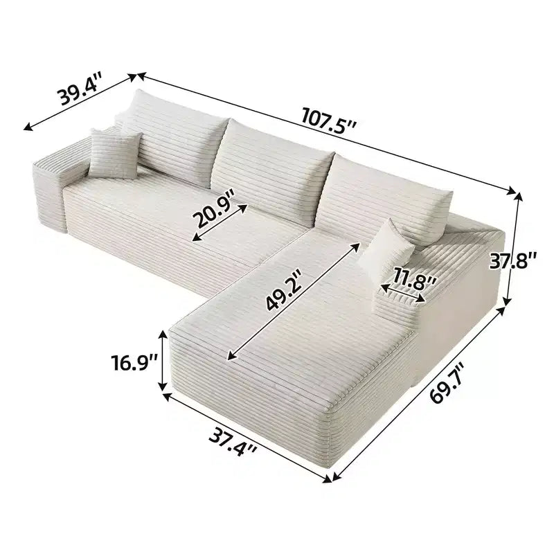 MAYEERTY 107 Canapé d'angle en forme de L blanc, modulaire en velours côtelé moelleux, aucun assemblage requis