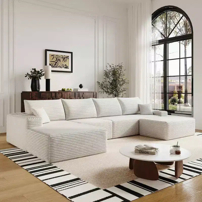 MAYEERTY 107 Canapé d'angle en forme de L blanc, modulaire en velours côtelé moelleux, aucun assemblage requis