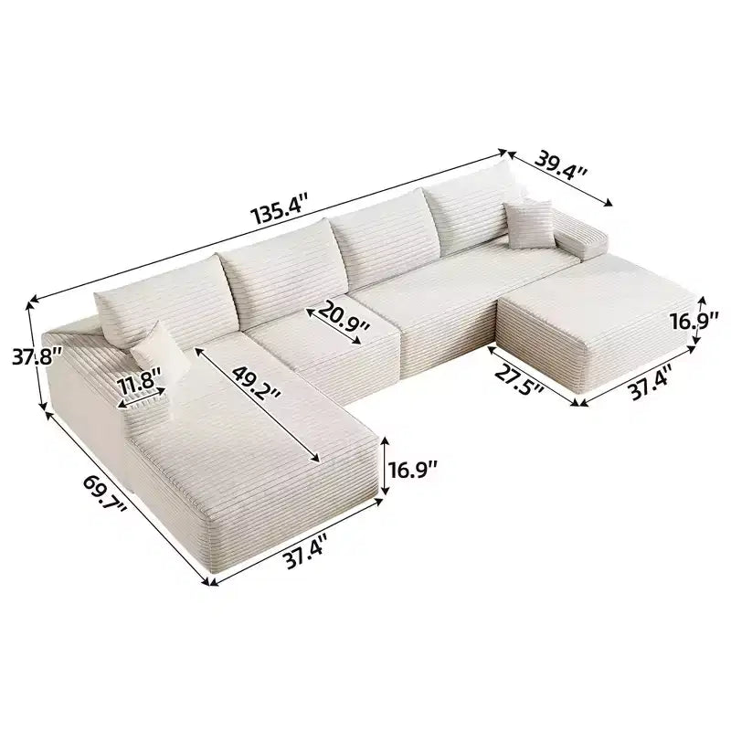 MAYEERTY 107 Canapé d'angle en forme de L blanc, modulaire en velours côtelé moelleux, aucun assemblage requis