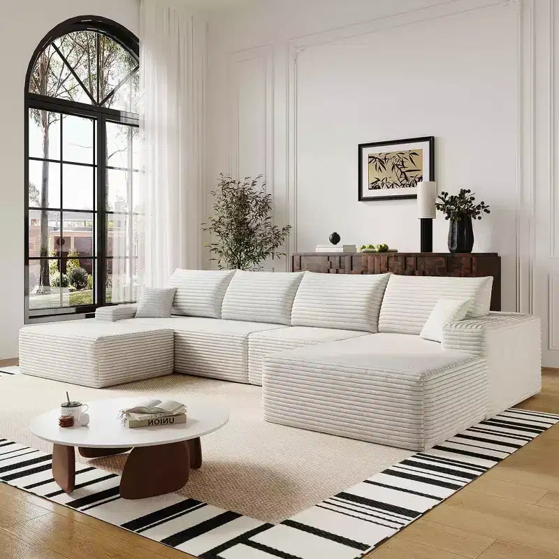 MAYEERTY 107 Canapé d'angle en forme de L blanc, modulaire en velours côtelé moelleux, aucun assemblage requis
