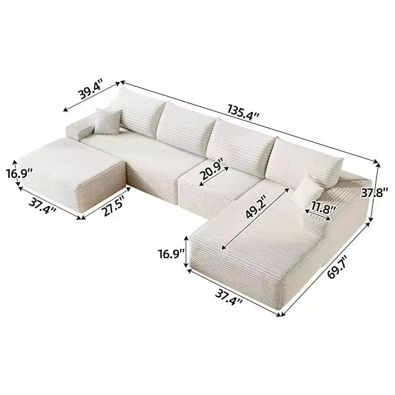 MAYEERTY 107 Canapé d'angle en forme de L blanc, modulaire en velours côtelé moelleux, aucun assemblage requis