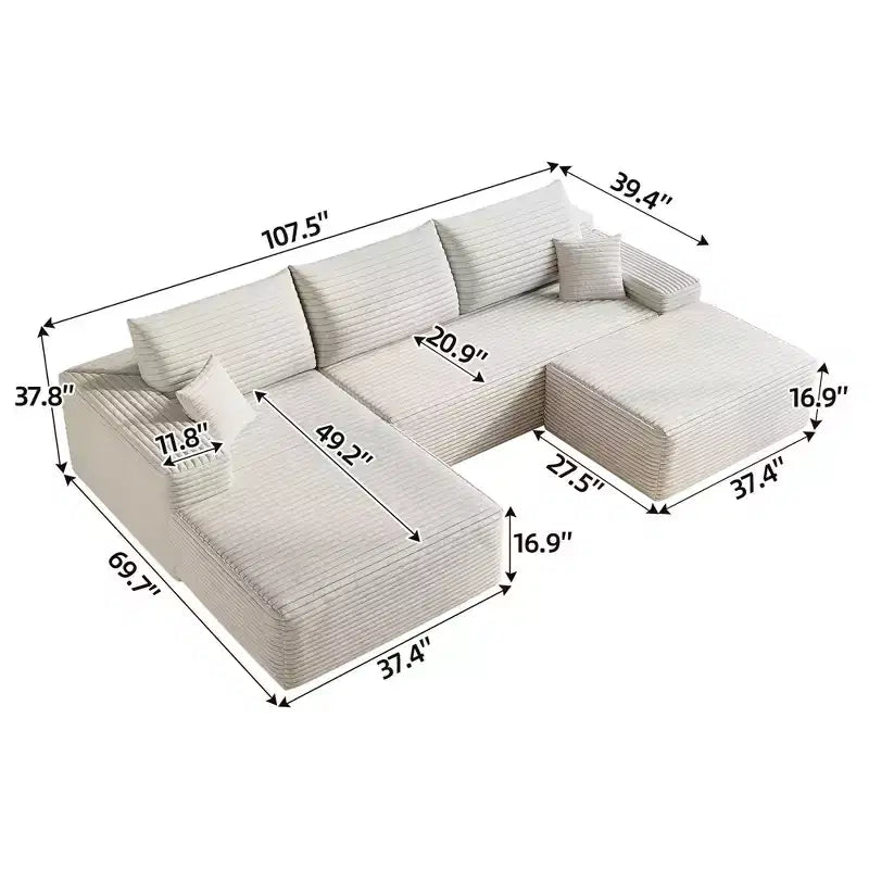 MAYEERTY 107 Canapé d'angle en forme de L blanc, modulaire en velours côtelé moelleux, aucun assemblage requis