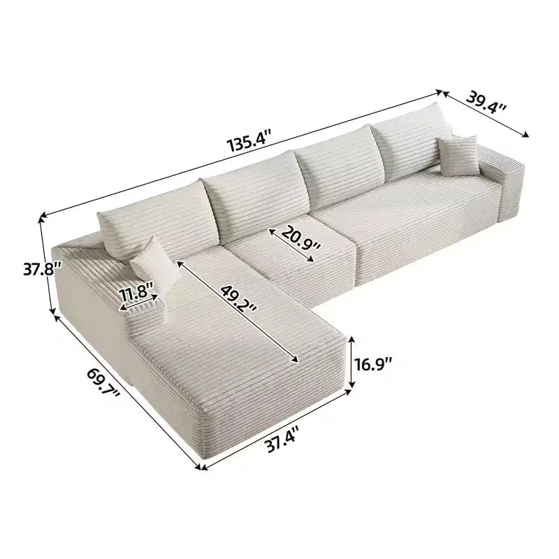 MAYEERTY 107 Canapé d'angle en forme de L blanc, modulaire en velours côtelé moelleux, aucun assemblage requis
