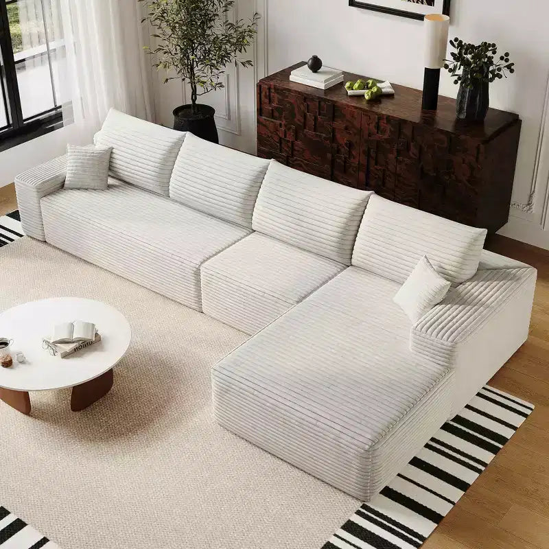 MAYEERTY 107 Canapé d'angle en forme de L blanc, modulaire en velours côtelé moelleux, aucun assemblage requis