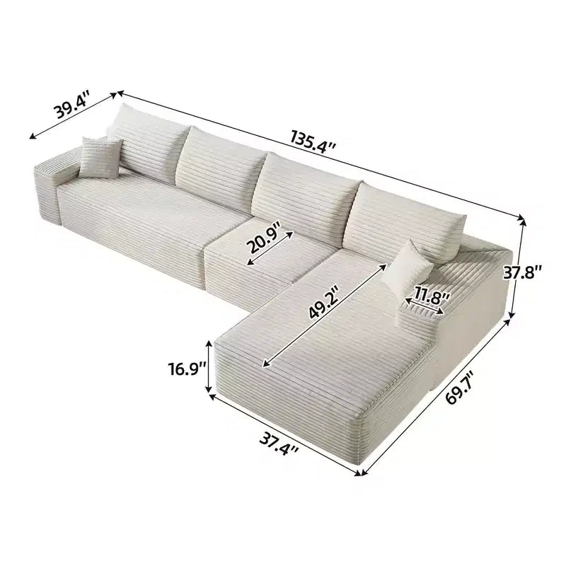 MAYEERTY 107 Canapé d'angle en forme de L blanc, modulaire en velours côtelé moelleux, aucun assemblage requis