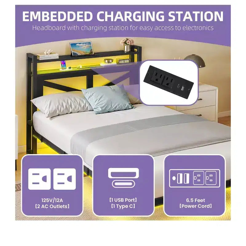 Cadre de lit flottant en métal à LED pour lit jumeau avec station de charge pour chambre à coucher, cadre de lit plateforme en métal robuste