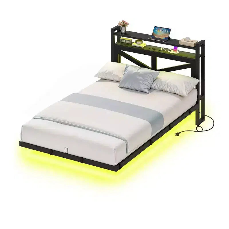 Cadre de lit flottant en métal à LED pour lit jumeau avec station de charge pour chambre à coucher, cadre de lit plateforme en métal robuste