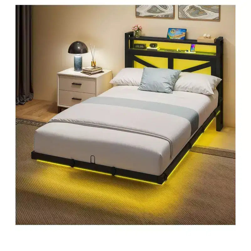 Cadre de lit flottant en métal à LED pour lit jumeau avec station de charge pour chambre à coucher, cadre de lit plateforme en métal robuste