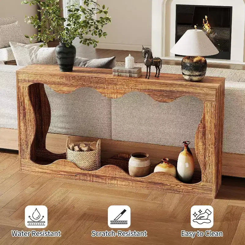 Console de ferme avec rangement, Table de canapé étroite pour couloir, salon, Table d'appoint industrielle en bois, Support de table d'entrée robuste