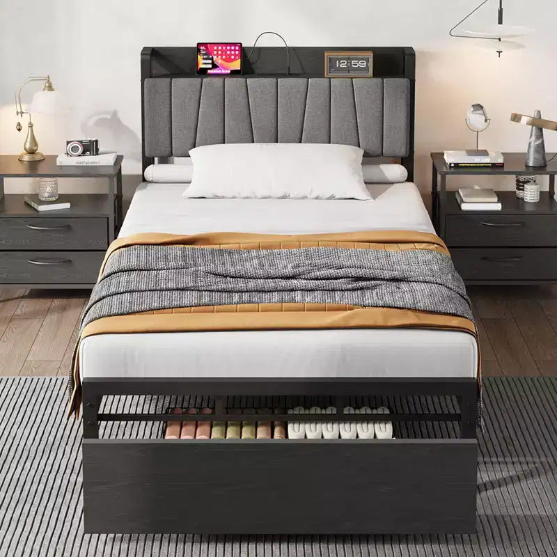 Bed Frame with Functional Storage Headboard, Industrial Full Platform Bed with 2 Large Drawers, Black Bed Frame  No Box Spring Required