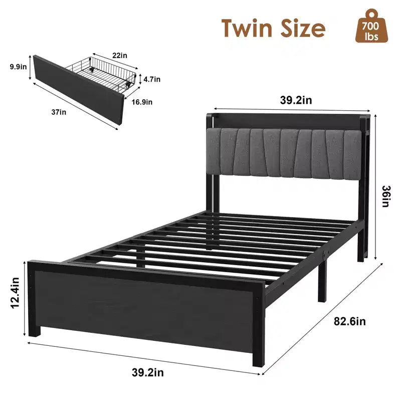Cadre de lit avec tête de lit de rangement fonctionnelle, lit plateforme industriel double avec 2 grands tiroirs, cadre de lit noir, aucun sommier tapissier requis