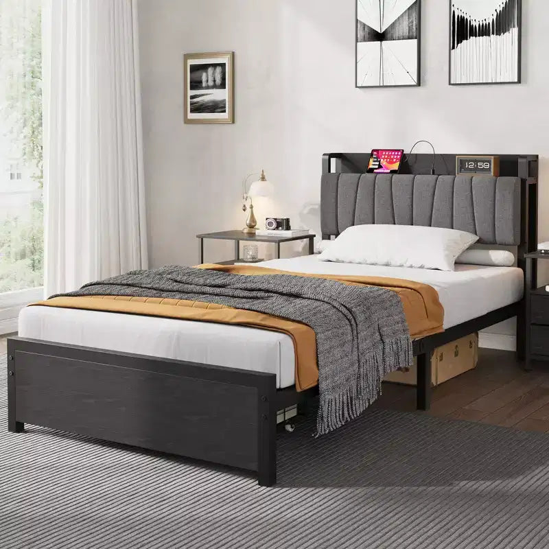 Cadre de lit avec tête de lit de rangement fonctionnelle, lit plateforme industriel double avec 2 grands tiroirs, cadre de lit noir, aucun sommier tapissier requis