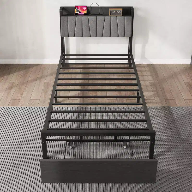 Cadre de lit avec tête de lit de rangement fonctionnelle, lit plateforme industriel double avec 2 grands tiroirs, cadre de lit noir, aucun sommier tapissier requis