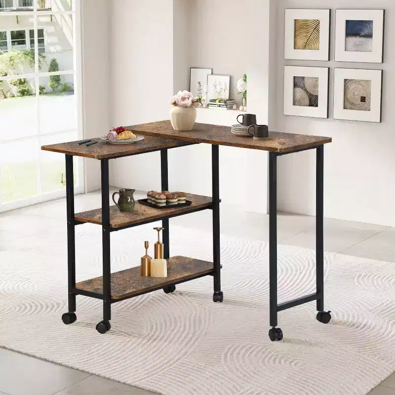 FurnitureR Desserte de cuisine rotative avec roues verrouillables, 3 étagères de rangement, table d'appoint réglable à 360° pour salon, bureau, petits espaces
