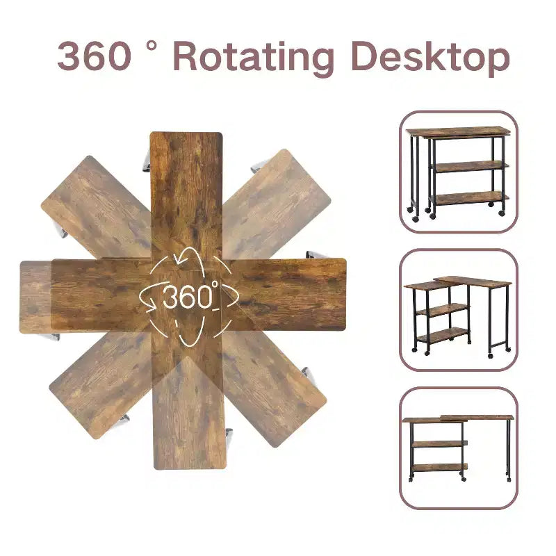 FurnitureR Desserte de cuisine rotative avec roues verrouillables, 3 étagères de rangement, table d'appoint réglable à 360° pour salon, bureau, petits espaces