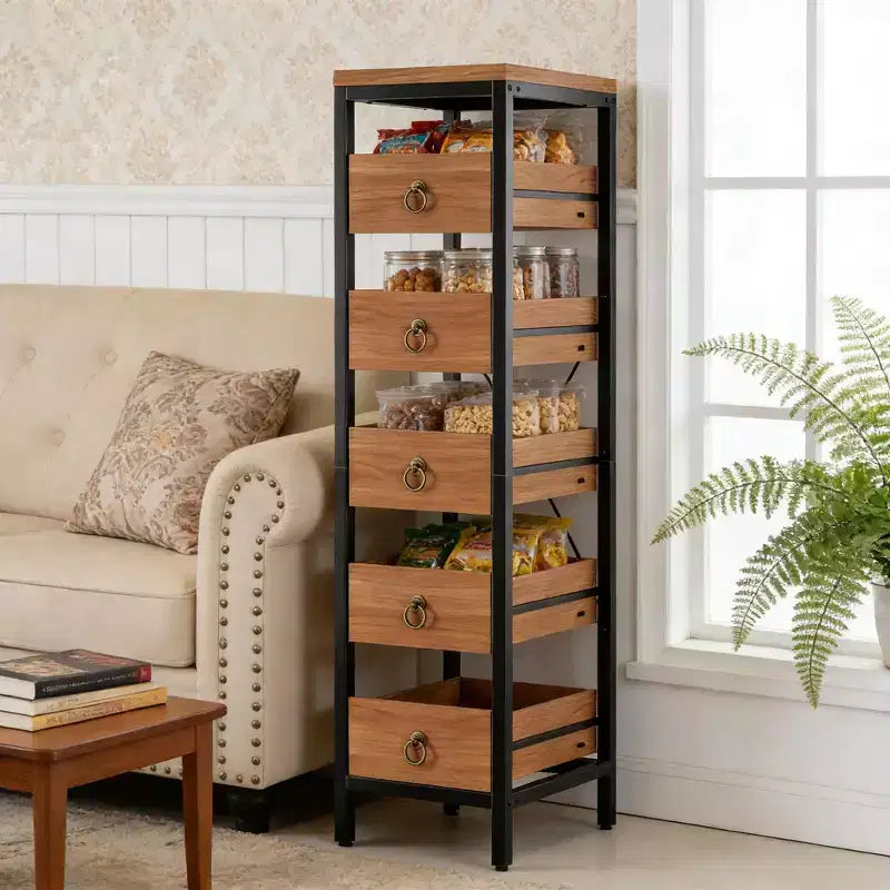 Organisateur de cuisine à 5 niveaux avec tiroirs coulissants, étagère de rangement étroite pour garde-manger et collations pour appartement, salle de bain