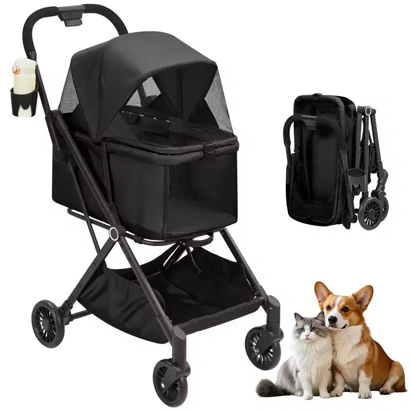 Stroller for small dogs and cats, lightweight foldable pet stroller with 360 anti-vibration wheels, storage basket and sun canopy