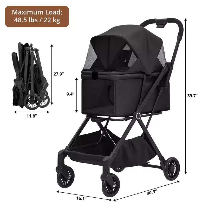 Poussette pour petits chiens et chats, poussette pliable légère pour animaux de compagnie avec roues anti-vibrations à 360°, panier de rangement et auvent pare-soleil