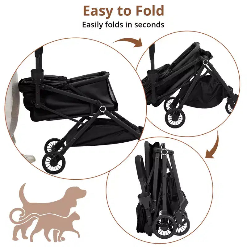 Poussette pour petits chiens et chats, poussette pliable légère pour animaux de compagnie avec roues anti-vibrations à 360°, panier de rangement et auvent pare-soleil