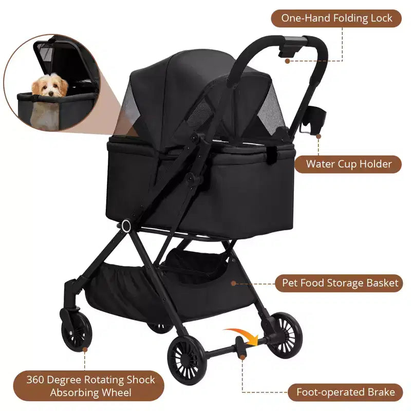 Poussette pour petits chiens et chats, poussette pliable légère pour animaux de compagnie avec roues anti-vibrations à 360°, panier de rangement et auvent pare-soleil