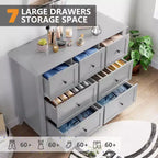 Commode de chambre GustoWave à 7 tiroirs, commode moderne, commode double en bois avec tiroirs profonds pour le salon, grise