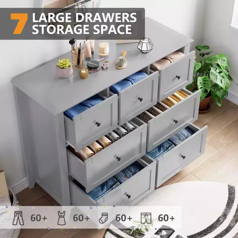 Commode de chambre GustoWave à 7 tiroirs, commode moderne, commode double en bois avec tiroirs profonds pour le salon, grise