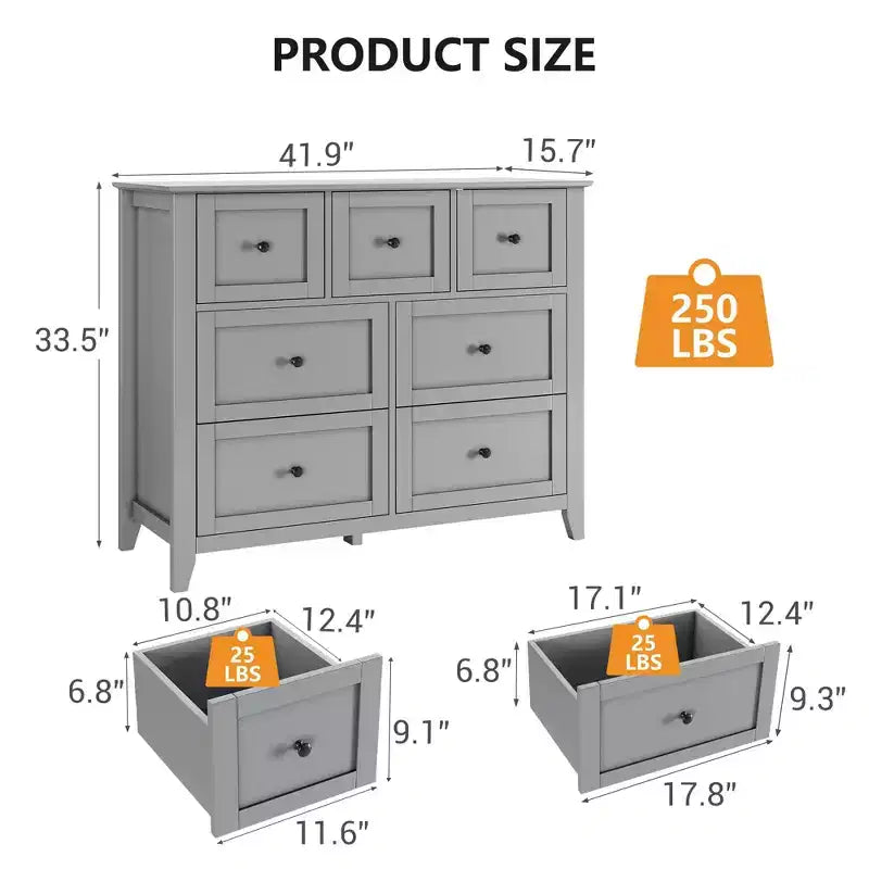 Commode de chambre GustoWave à 7 tiroirs, commode moderne, commode double en bois avec tiroirs profonds pour le salon, grise