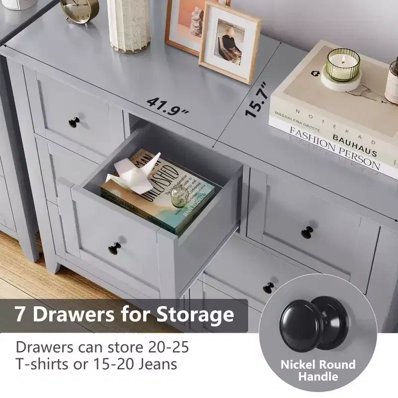 Commode de chambre GustoWave à 7 tiroirs, commode moderne, commode double en bois avec tiroirs profonds pour le salon, grise