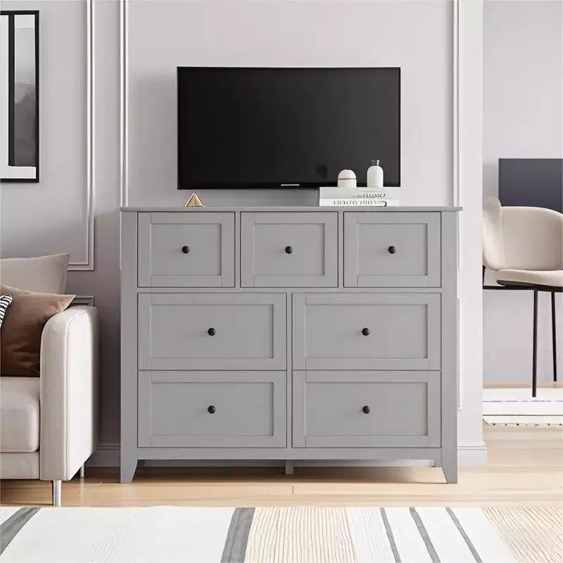 Commode de chambre GustoWave à 7 tiroirs, commode moderne, commode double en bois avec tiroirs profonds pour le salon, grise