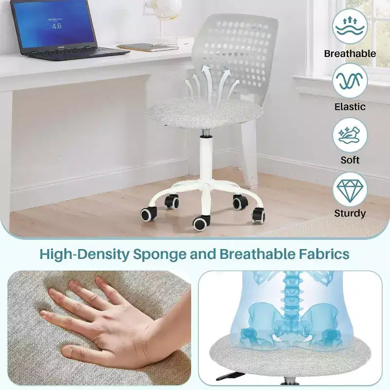Chaise de bureau sans accoudoirs FurnitureR avec roulettes, chaise d'étude/d'ordinateur compacte réglable en hauteur, pivotante et respirante, grise