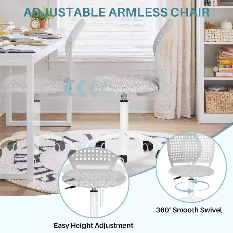 Chaise de bureau sans accoudoirs FurnitureR avec roulettes, chaise d'étude/d'ordinateur compacte réglable en hauteur, pivotante et respirante, grise