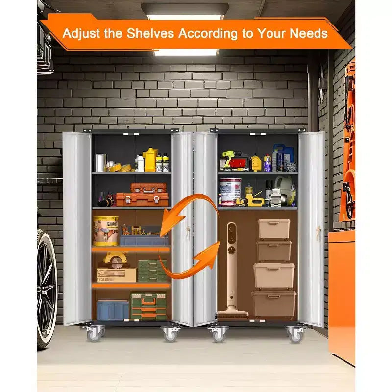 Armoire de rangement polyvalente en acier robuste avec 2 portes verrouillables et 4 étagères réglables, idéale pour organiser les outils dans les garages, les bureaux