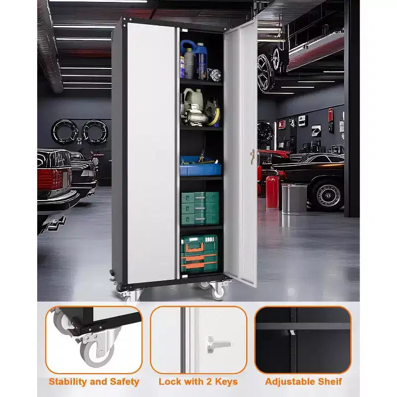 Armoire de rangement polyvalente en acier robuste avec 2 portes verrouillables et 4 étagères réglables, idéale pour organiser les outils dans les garages, les bureaux