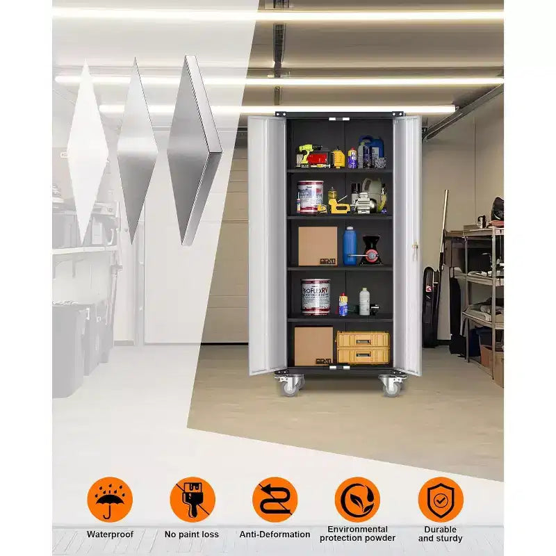 Armoire de rangement polyvalente en acier robuste avec 2 portes verrouillables et 4 étagères réglables, idéale pour organiser les outils dans les garages, les bureaux