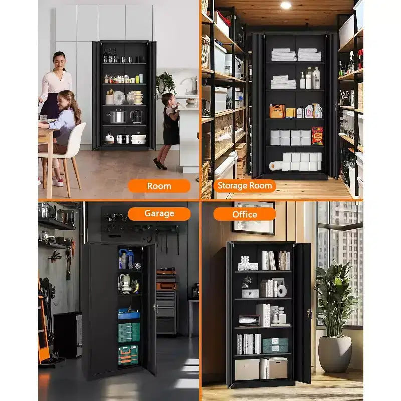Armoire de rangement polyvalente en acier robuste avec 2 portes verrouillables et 4 étagères réglables, idéale pour organiser les outils dans les garages, les bureaux