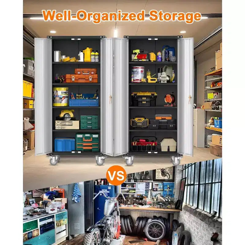 Armoire de rangement polyvalente en acier robuste avec 2 portes verrouillables et 4 étagères réglables, idéale pour organiser les outils dans les garages, les bureaux