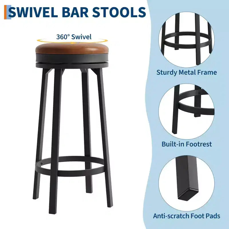 Tabourets de bar ronds sans dossier pivotants GustoWave 30'' (lot de 2), revêtement en cuir PU, cadre en métal et repose-pieds pour îlot de cuisine