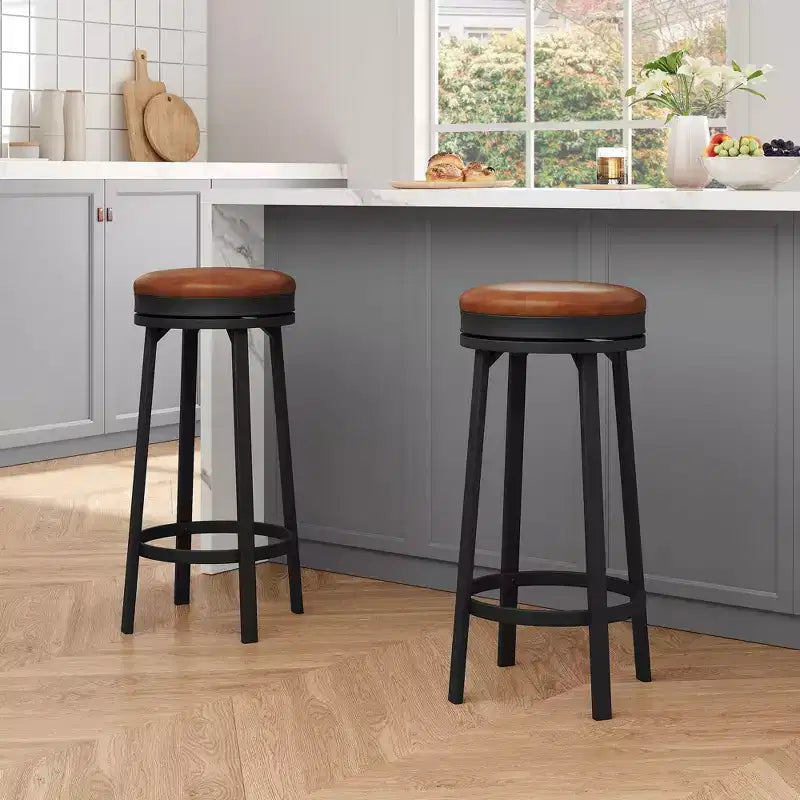 Tabourets de bar ronds sans dossier pivotants GustoWave 30'' (lot de 2), revêtement en cuir PU, cadre en métal et repose-pieds pour îlot de cuisine