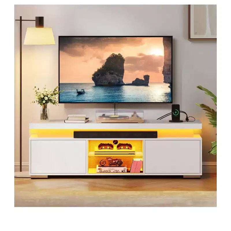 Meuble TV moderne avec station de charge et lumières LED pour téléviseur de 55/60/65 pouces, meuble de divertissement, console multimédia, salon