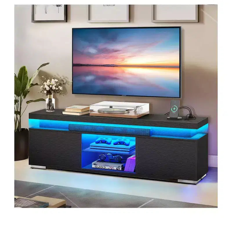 Meuble TV moderne avec station de charge et lumières LED pour téléviseur de 55/60/65 pouces, meuble de divertissement, console multimédia, salon