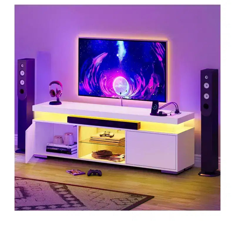 Meuble TV moderne avec station de charge et lumières LED pour téléviseur de 55/60/65 pouces, meuble de divertissement, console multimédia, salon