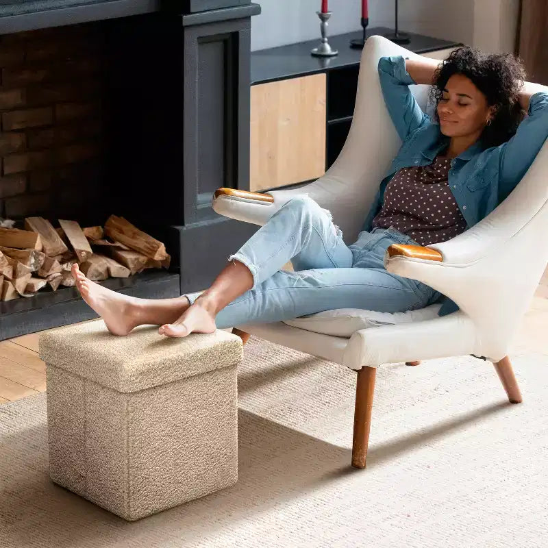 Sorbus Pouf de Rangement Pliable en Tissu Teddy de 15 Pouces - Pouf Confortable Polyvalent, Tabouret pour Salon, Chambre, Dortoir, et plus